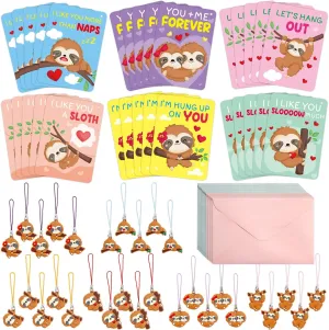 30PCS Valentines Cards Classroom Kids Sloth Valentines Day Cards with Keychains Valentine Gift Set Exchange Boys Girls Goody Bag Favors