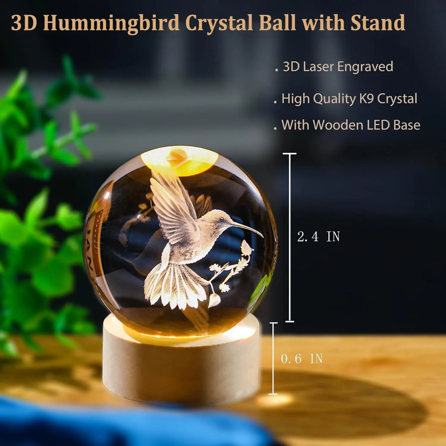 3D Laser Engraved Bird Crystal Ball with LED Stand, 60mm Hummingbird Figurine Lamp Night Light, Glass Hummingbird Globe Paperweight Gift
