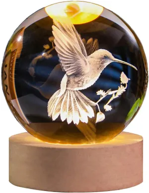 3D Laser Engraved Bird Crystal Ball with LED Stand, 60mm Hummingbird Figurine Lamp Night Light, Glass Hummingbird Globe Paperweight Gift