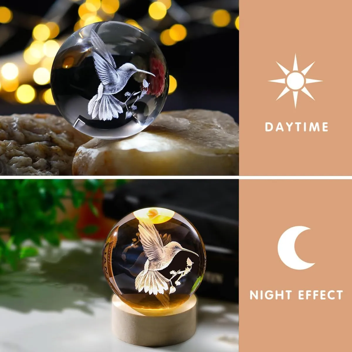 3D Laser Engraved Bird Crystal Ball with LED Stand, 60mm Hummingbird Figurine Lamp Night Light, Glass Hummingbird Globe Paperweight Gift