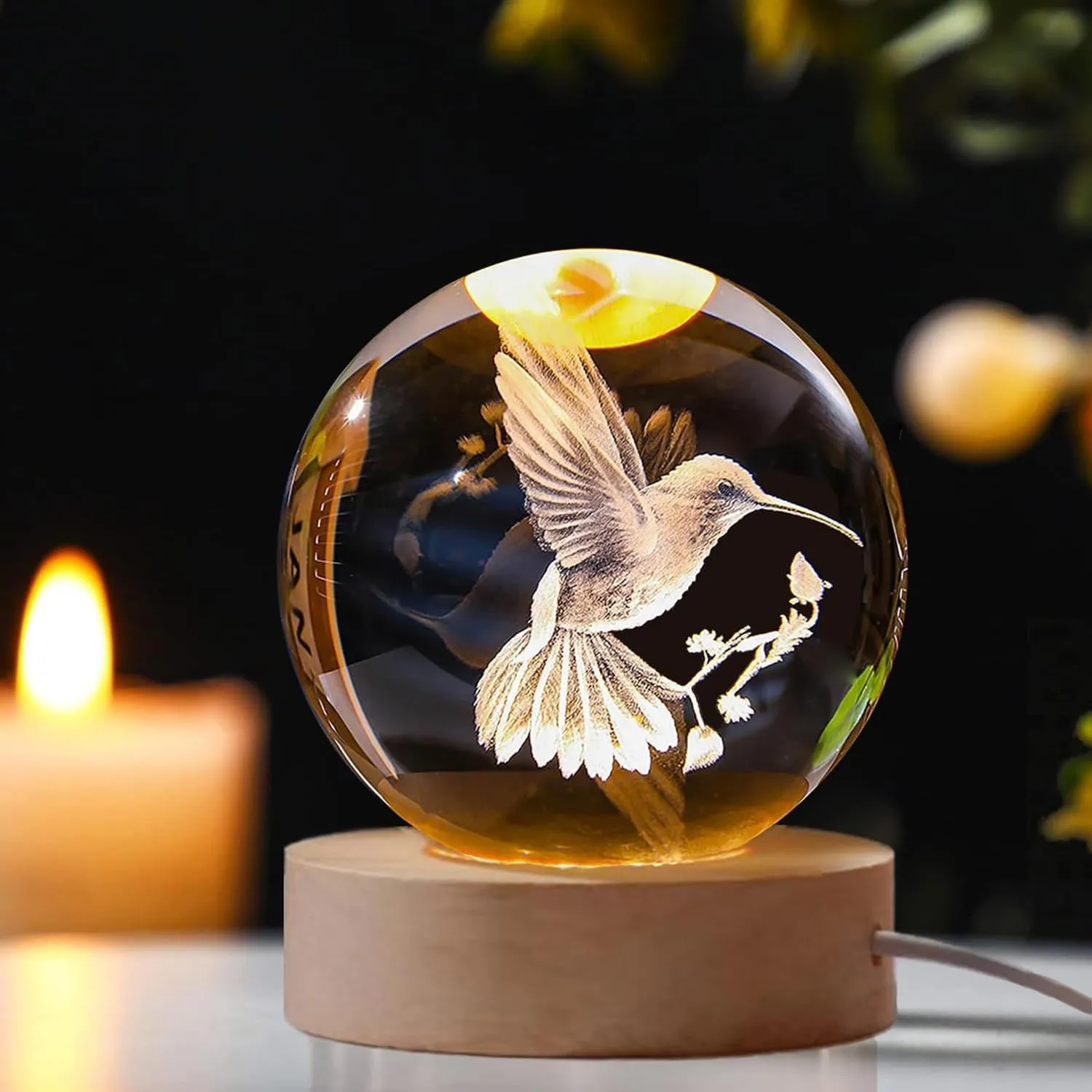 3D Laser Engraved Bird Crystal Ball with LED Stand, 60mm Hummingbird Figurine Lamp Night Light, Glass Hummingbird Globe Paperweight Gift