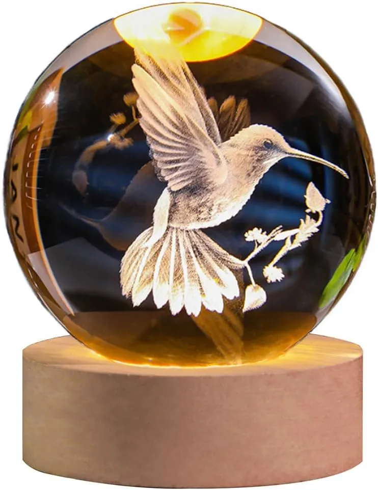 3D Laser Engraved Bird Crystal Ball with LED Stand, 60mm Hummingbird Figurine Lamp Night Light, Glass Hummingbird Globe Paperweight Gift