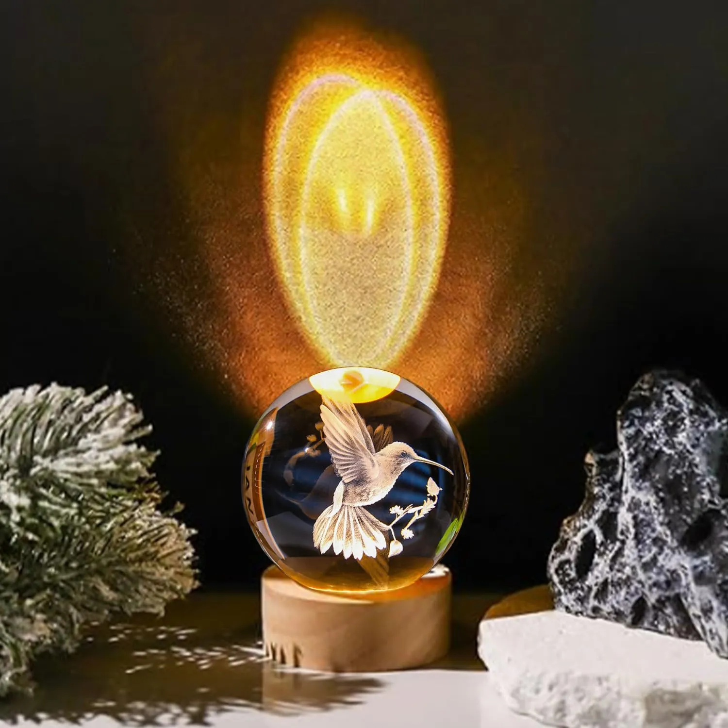 3D Laser Engraved Bird Crystal Ball with LED Stand, 60mm Hummingbird Figurine Lamp Night Light, Glass Hummingbird Globe Paperweight Gift