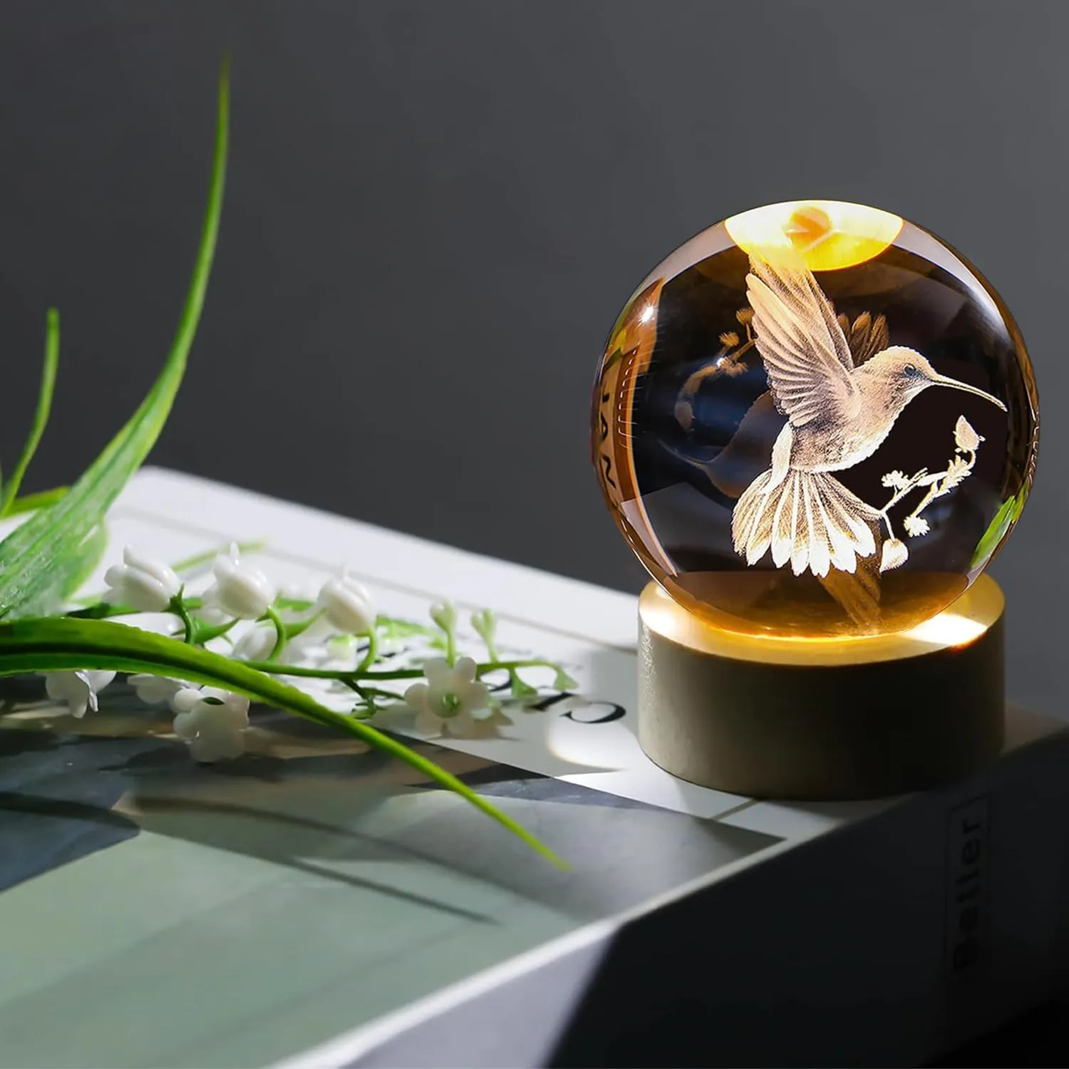 3D Laser Engraved Bird Crystal Ball with LED Stand, 60mm Hummingbird Figurine Lamp Night Light, Glass Hummingbird Globe Paperweight Gift