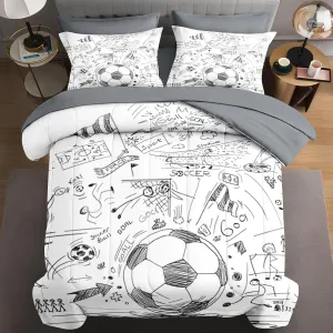 7 Pcs Queen Size Comforter Set with 2 Pillowcases & 2 Shams, Game Soccer Painting Bedding for Kids and Adults, Football Ball Cup Sport Bed in a Bag with Flat Fitted Sheet