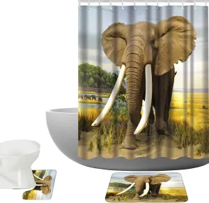 A Big Elephant on The Africa Prairie Wild Nature Scenery Decor 15 Piece Bathroom Mat Set Shower Curtain Set Bath Mat Contour Mat Shower Curtain 12 Hooks