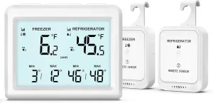 AMIR Wireless Refrigerator Thermometer, Digital Fridge and Freezer Thermometer with Alarm, Freezer Alarm with 2 Sensors, 3.7 inch LCD Fridge Thermometer for Home and Restaurants
