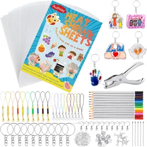 Auihiay 198 Pieces Shrink Plastic Kit Includes 20 Sheets Shrink Papers, Hole Punch, Keychain Accessories and Pencils for Shrinky Art and DIY Keychain Making Easter Mother Day Ornament