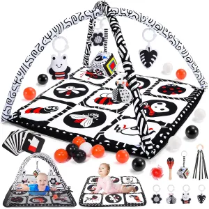 Baby Tummy Time Mat & 10 Sensory Toys, Baby Play Mat for Babies 0-6 6-12 Months & Visual Card, Baby Play Gym, Playmate for Baby, Baby Gym for Baby Shower Gifts, Newborn Baby Essentials Must Haves