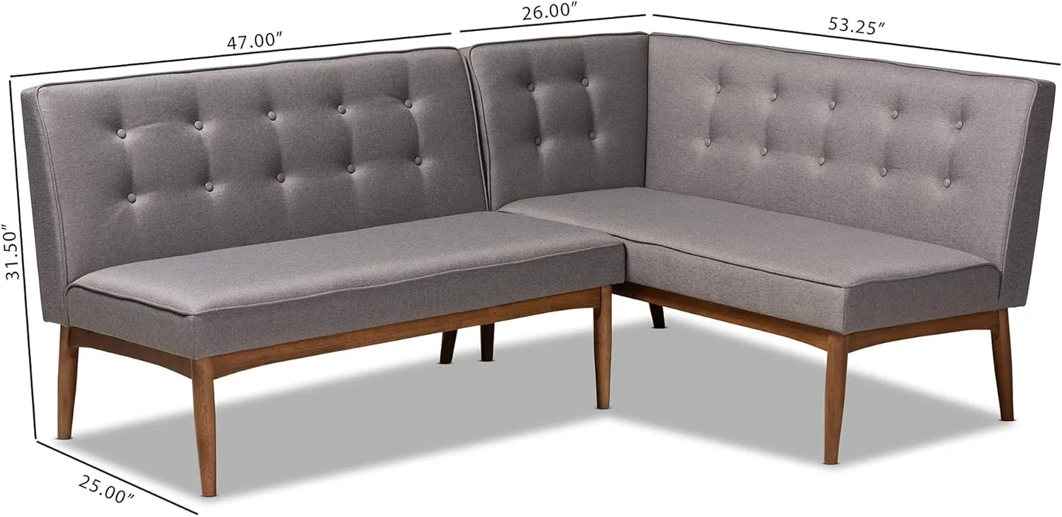 Baxton Studio Arvid Mid-Century Modern Gray Fabric Upholstered 2-Piece Wood Dining Corner Sofa Bench