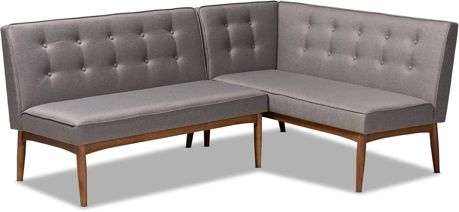 Baxton Studio Arvid Mid-Century Modern Gray Fabric Upholstered 2-Piece Wood Dining Corner Sofa Bench