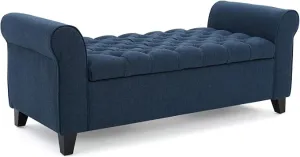 Benzara Shawn Storage Bench with Rolled Arms, 50 Inch Button Tufted, Navy Blue and Dark Brown