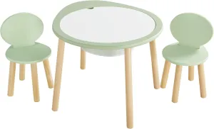 Beright Kids Table and Chairs Set, Kids Wooden Play Table with 2 Chairs, Kids Round Table for Toddlers, Suitable for Bedroom, Playroom and Kids' Room, with Removable Top Panel and Storage Bag, Green