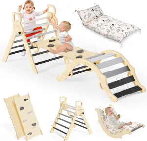 BlueWood Pikler Triangle Set with Cushion, 8-in-1 Climbing Toys for Toddlers, Montessori Philosophy Play Jungle Gym with Arch, Ramp, Ladder(Elegant Gray)