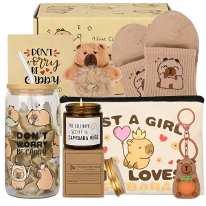 Capybara Gifts for Women Capybara Stuff with Glass Cup Makeup Bag Sock Hair Bands Capybara Keychain and Candle Gift Cards Gift for Capybara Lover