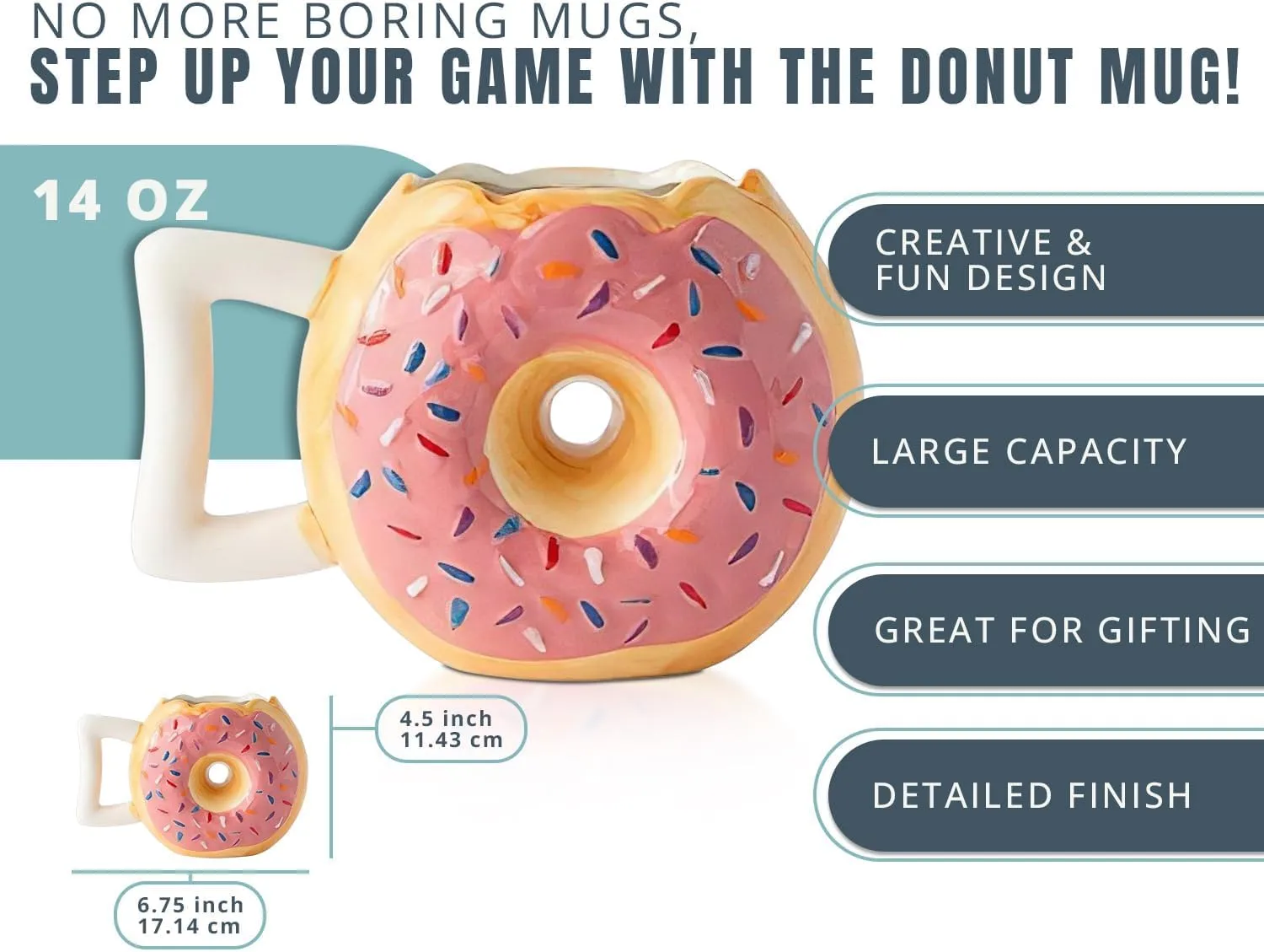Ceramic Donut Mug - Delicious Pink Glaze Doughnut with Sprinkles - Funny "MMM... Donuts!" Quote - Best Cup For Coffee, Tea, Hot Chocolate and More - Large 14 oz - Funny Coffee Mug Gift - Pink