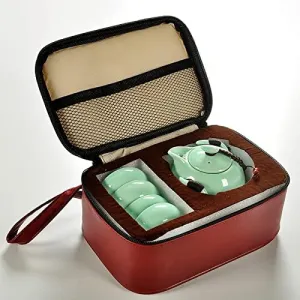 Ceramic Teacup Set Ceramic Customize Tea Set Portable Teapot SetSquare Handbag Outdoor Travel Gaiwan Tea Cups Ceremony Teacup Fine Gift 4 Pcs/Set fee Set Tea fee Pot Teapots