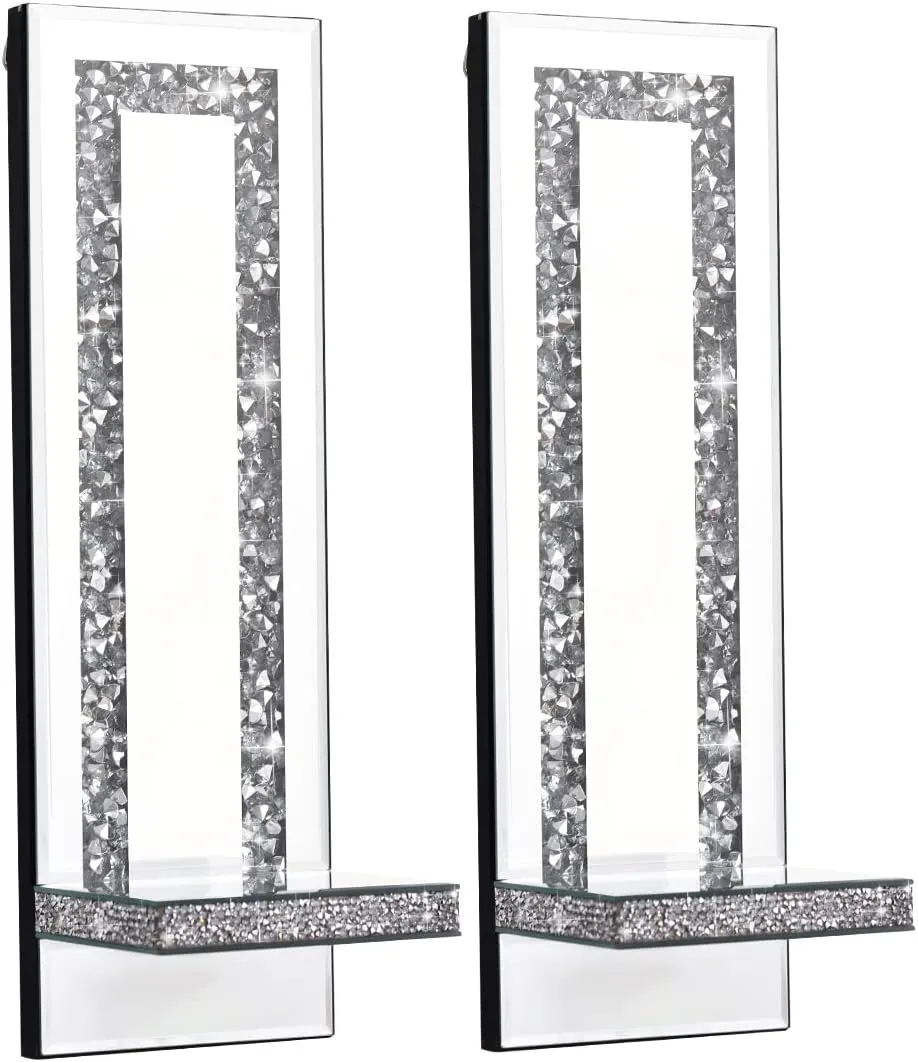 Crystal Crush Diamond Mirrored Candle Sconces, Silver Wall Candle Holder Set of 2, Wall Decorations for Living Room，Dining Room (Rectangle Stripe (Style 4))