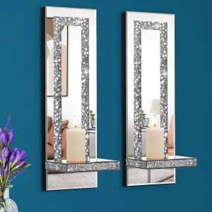 Crystal Crush Diamond Mirrored Candle Sconces, Silver Wall Candle Holder Set of 2, Wall Decorations for Living Room，Dining Room (Rectangle Stripe (Style 4))
