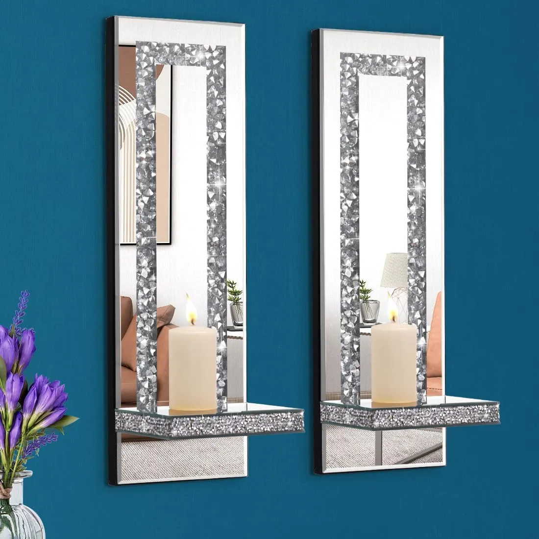 Crystal Crush Diamond Mirrored Candle Sconces, Silver Wall Candle Holder Set of 2, Wall Decorations for Living Room，Dining Room (Rectangle Stripe (Style 4))