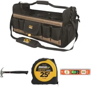 Custom Leathercraft 1579 Tool Box, Hultafors Claw Hammer, Johnson Power Tape, and Johnson Digital Torpedo Level Bundle