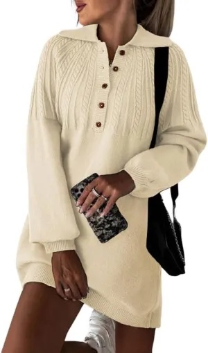 Dokotoo Womens 2024 Fall Sweater Dress Long Sleeve Button Up Cable Knit Chunky Pullover Sweaters Winter Dress
