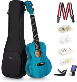 Enya Concert Ukulele 23 Inch Blue Solid Mahogany Top with Ukulele Starter Kit Includes Online Lessons, Tuner,Case, Strap, Strings, Capo, Sand Shaker, Pick,Polish Cloth (EUC-25D BU)
