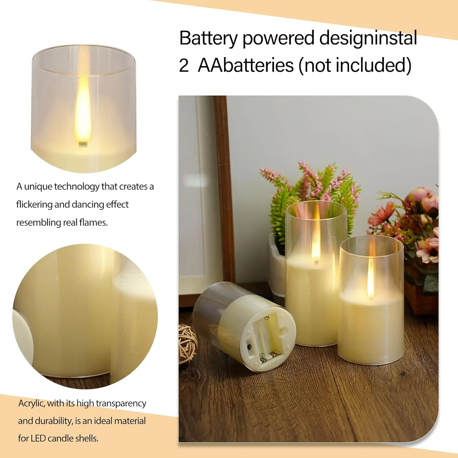 Flameless LED Candles, Upgraded Realistic Flickering Pillar Battery Operated Candles with Remote Timer, Acrylic Electric Set of 2 for Romantic Ambiance and Home Decoration（Ivory）
