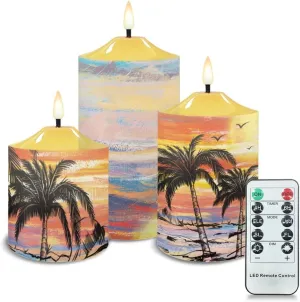 Flameless Pillar Candles Set of 3 Tropical Palm Tree Battery Operated Candles with Flickering Flame Outdoor Led Candles with Timer Holiday Decor