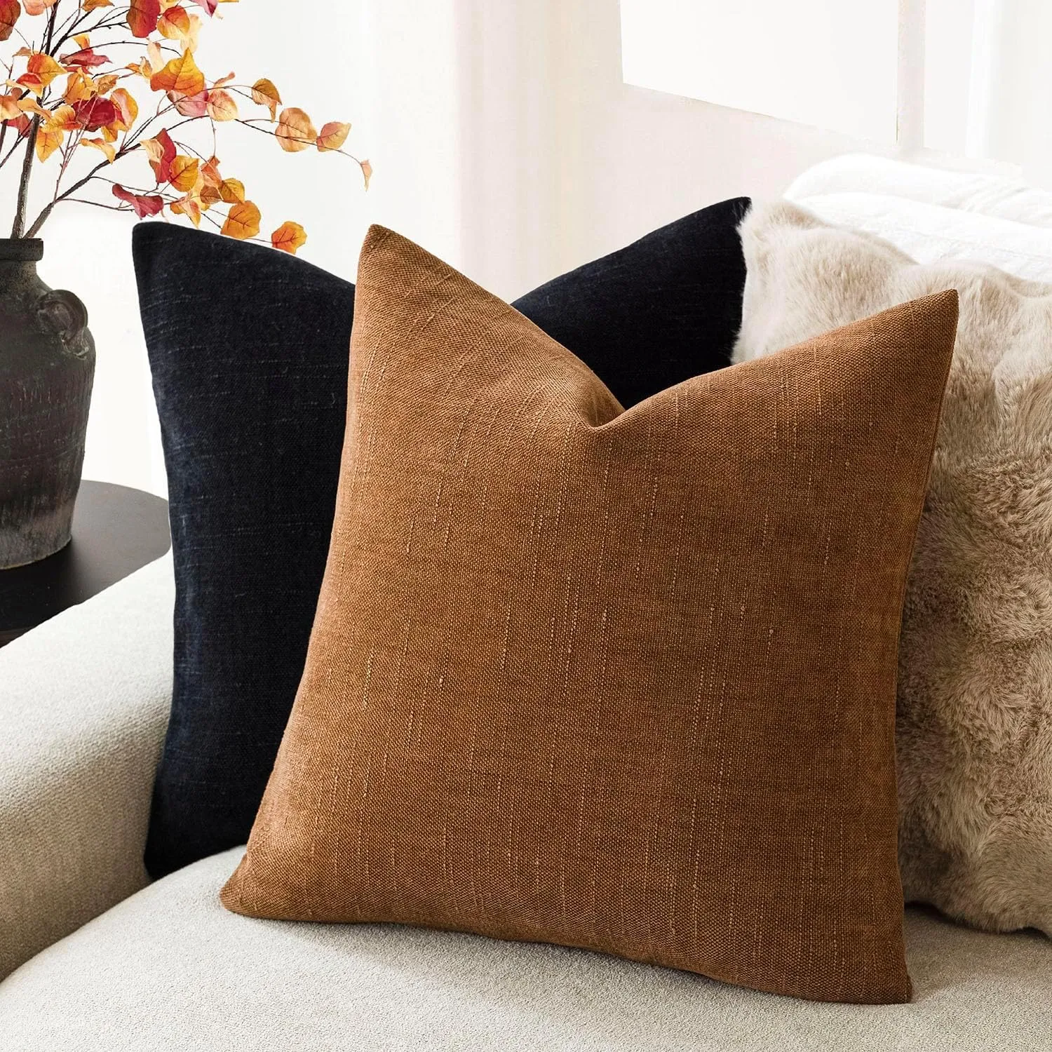 Foindtower Pack of 2 Soft Textured Chenille Throw Decorative Pillow Covers Square Accent Solid Cushion Cover Cozy Farmhouse Pillow Case with Zippe for Couch Sofa Bed Living Room 16x16 Inch, Bronze