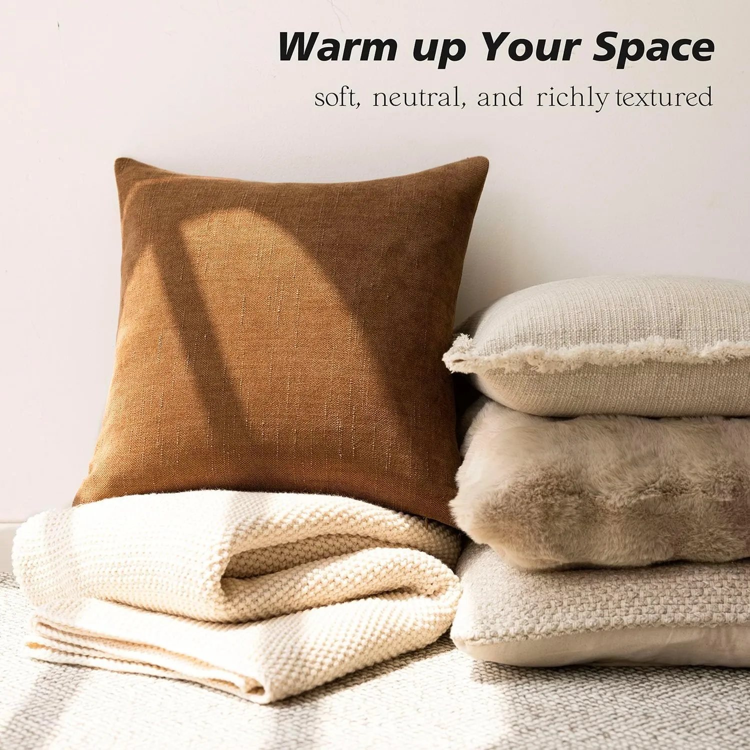Foindtower Pack of 2 Soft Textured Chenille Throw Decorative Pillow Covers Square Accent Solid Cushion Cover Cozy Farmhouse Pillow Case with Zippe for Couch Sofa Bed Living Room 16x16 Inch, Bronze