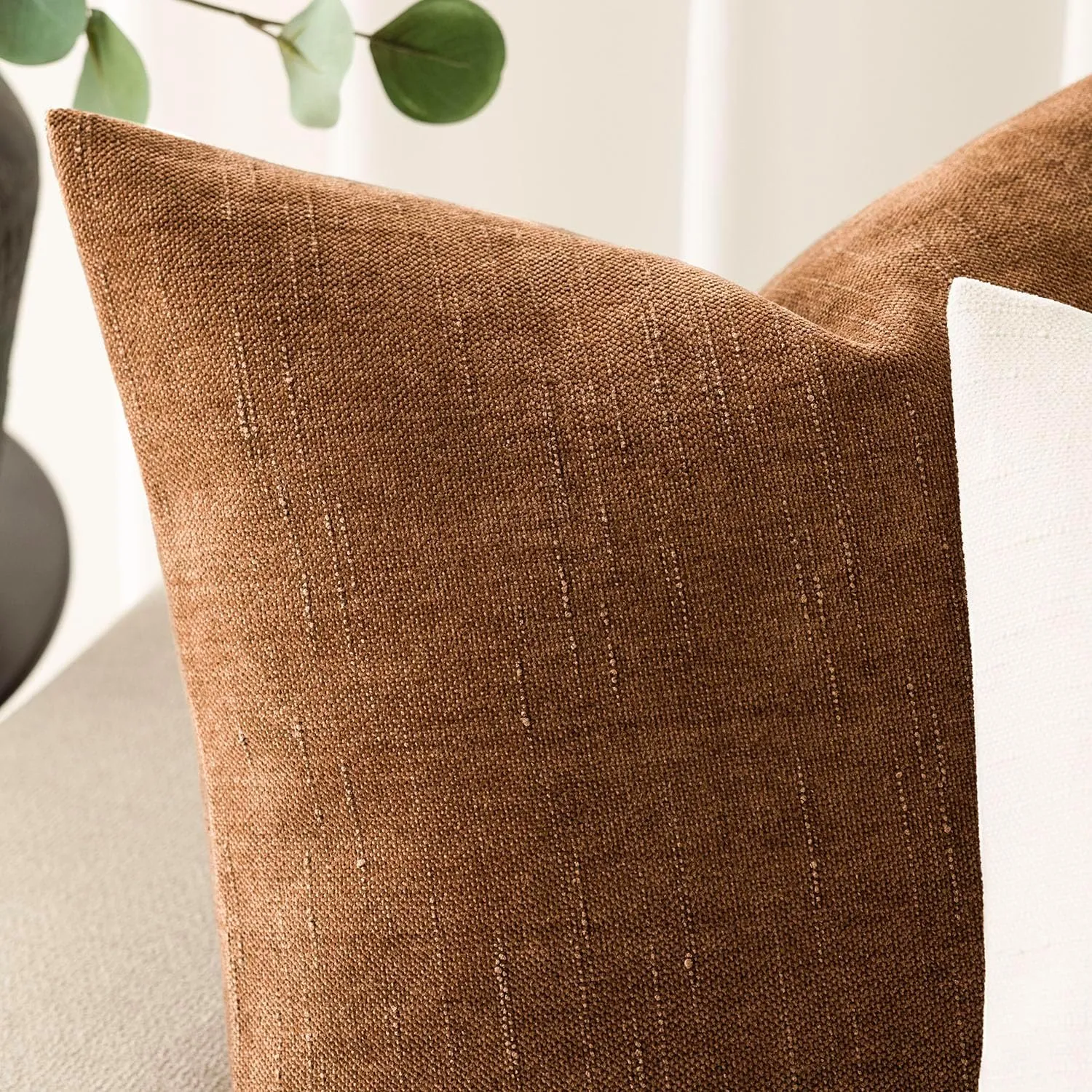Foindtower Pack of 2 Soft Textured Chenille Throw Decorative Pillow Covers Square Accent Solid Cushion Cover Cozy Farmhouse Pillow Case with Zippe for Couch Sofa Bed Living Room 16x16 Inch, Bronze