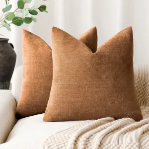 Foindtower Pack of 2 Soft Textured Chenille Throw Decorative Pillow Covers Square Accent Solid Cushion Cover Cozy Farmhouse Pillow Case with Zippe for Couch Sofa Bed Living Room 16x16 Inch, Bronze