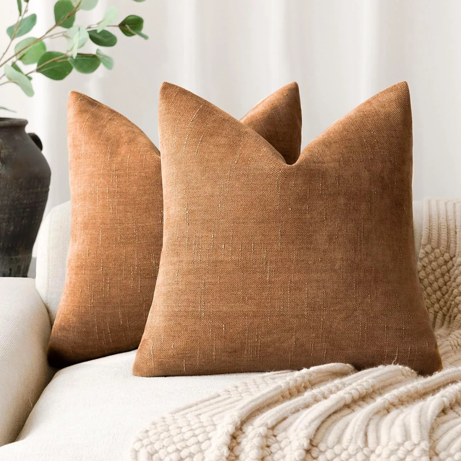 Foindtower Pack of 2 Soft Textured Chenille Throw Decorative Pillow Covers Square Accent Solid Cushion Cover Cozy Farmhouse Pillow Case with Zippe for Couch Sofa Bed Living Room 16x16 Inch, Bronze
