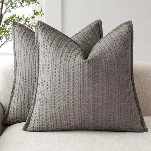 Foindtower Set of 2 Decorative Cotton Waffle Weave Throw Pillow Covers Euro Shams Cushion Covers Accent European Pillowcase for Bed Couch Sofa Bedroom Living Room Home Decor 18×18 Inch Taupe Gray