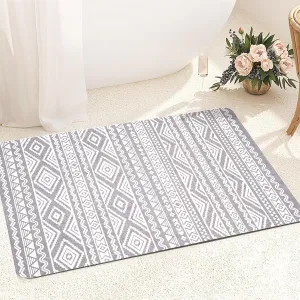 FRESHMINT Bohemian Bath Mat Soft Boho Bathroom Mat Non-Slip Quick Dry Bath Rugs Thin Washable Shower Floor Mats with Super Water Absorbent Layer & Rubber Backing, 20"x32", Gray & White