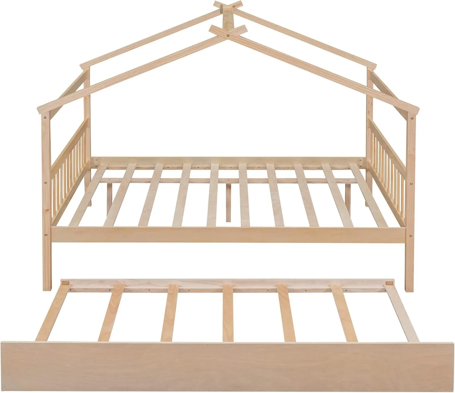 Full Size Wooden House Bed with Twin Size Trundle and Roof,Platform Bed with Headboard and Footboard,for Kids Teens Girls Boys Bedroom (Natural@z, Full)
