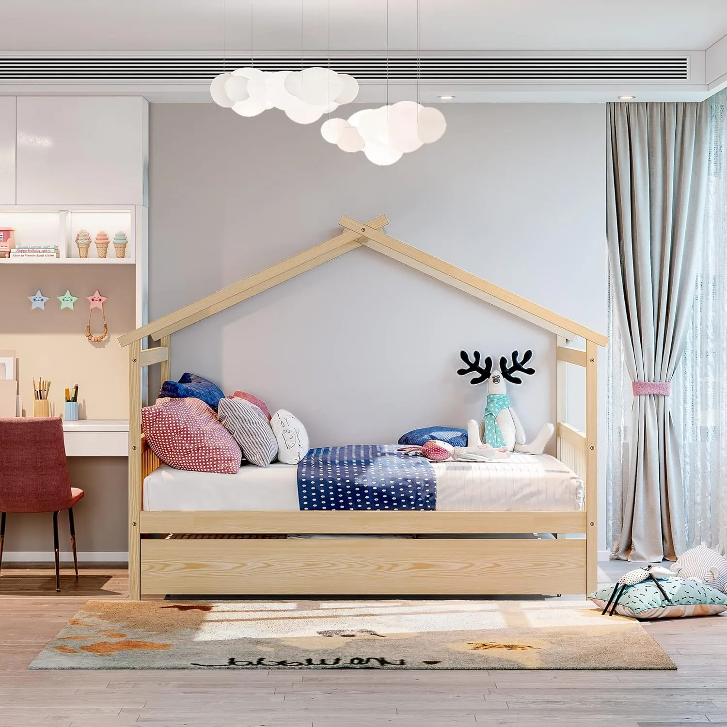 Full Size Wooden House Bed with Twin Size Trundle and Roof,Platform Bed with Headboard and Footboard,for Kids Teens Girls Boys Bedroom (Natural@z, Full)