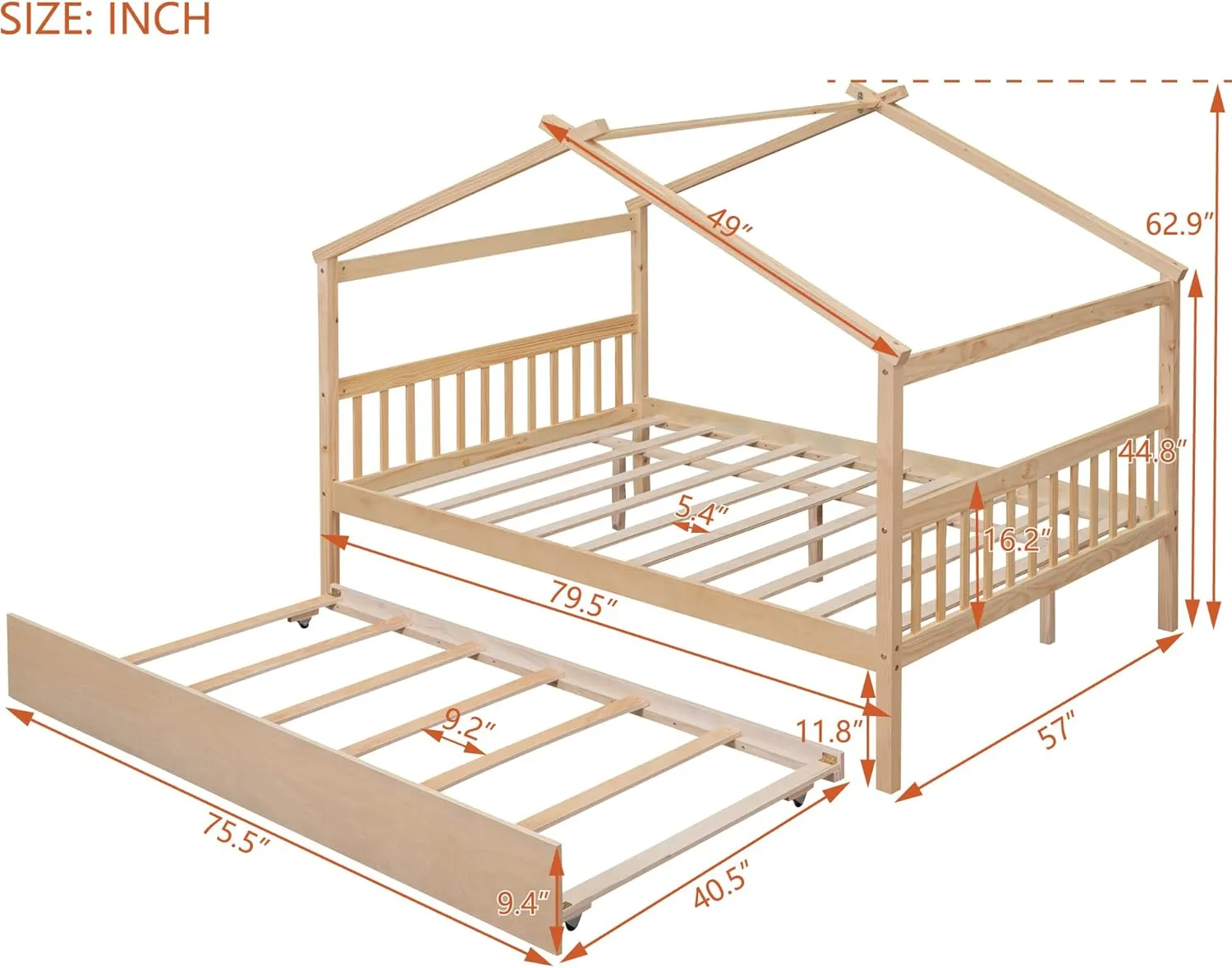 Full Size Wooden House Bed with Twin Size Trundle and Roof,Platform Bed with Headboard and Footboard,for Kids Teens Girls Boys Bedroom (Natural@z, Full)