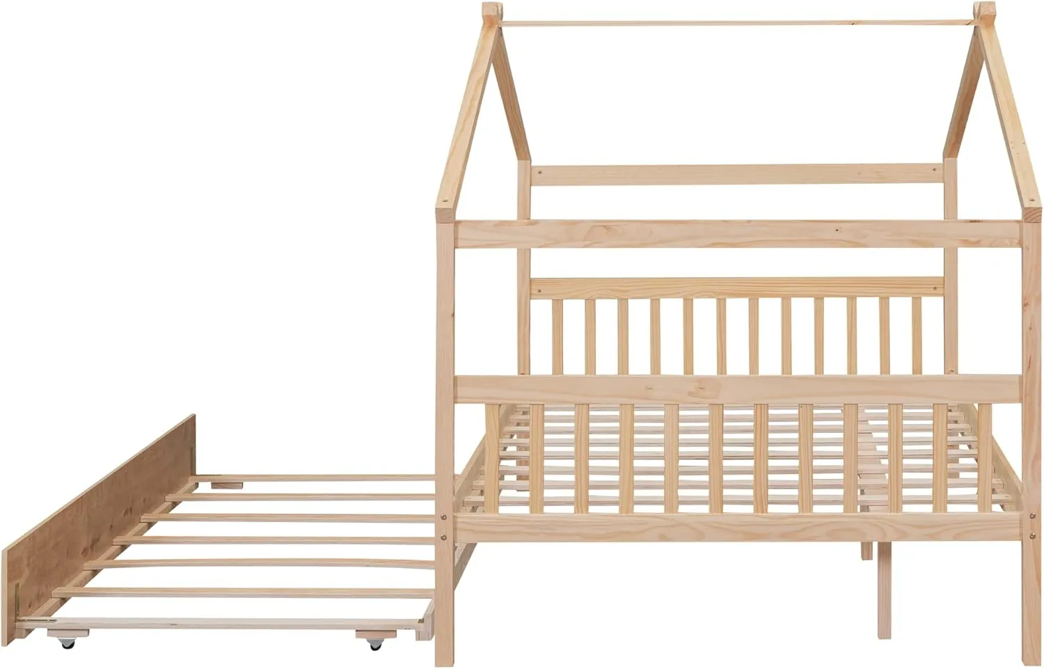 Full Size Wooden House Bed with Twin Size Trundle and Roof,Platform Bed with Headboard and Footboard,for Kids Teens Girls Boys Bedroom (Natural@z, Full)