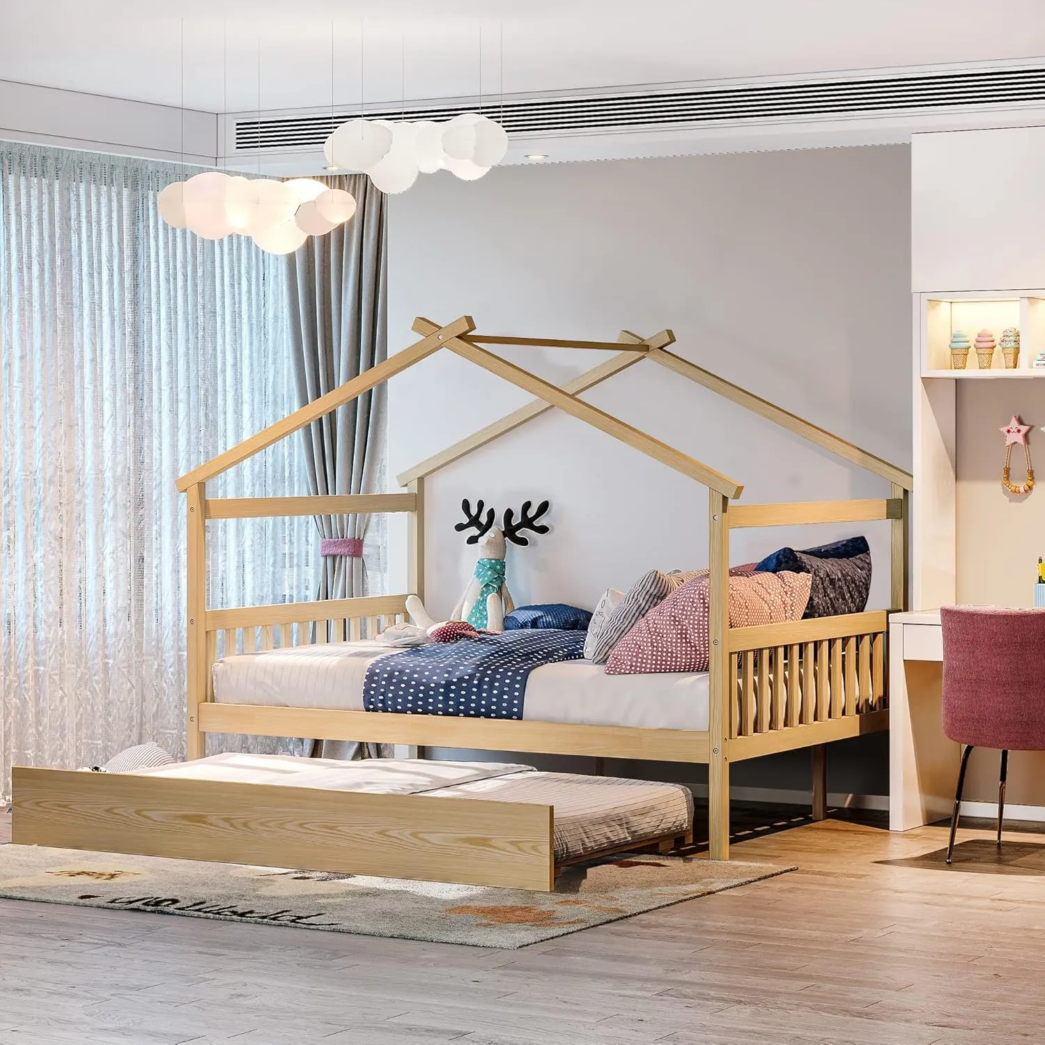 Full Size Wooden House Bed with Twin Size Trundle and Roof,Platform Bed with Headboard and Footboard,for Kids Teens Girls Boys Bedroom (Natural@z, Full)