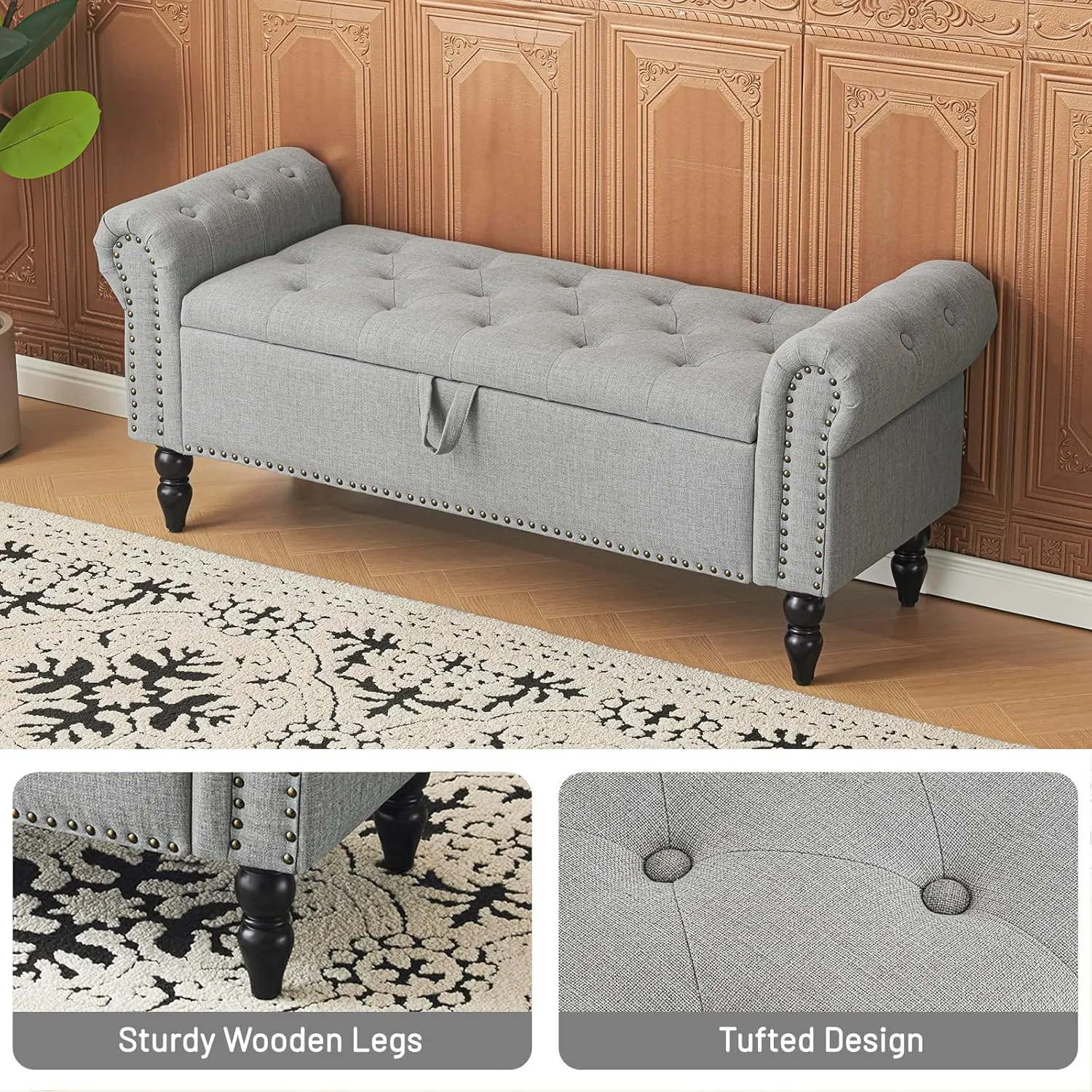 Furniliving 51” Bedroom Bench, End of Bed Bench with Button-Tufted Large Upholstered Storage Bench Ottoman Linen Window Bench with Storage Shoe Cabinet Bench, for Bedroom, Entryway, Closet, Grey