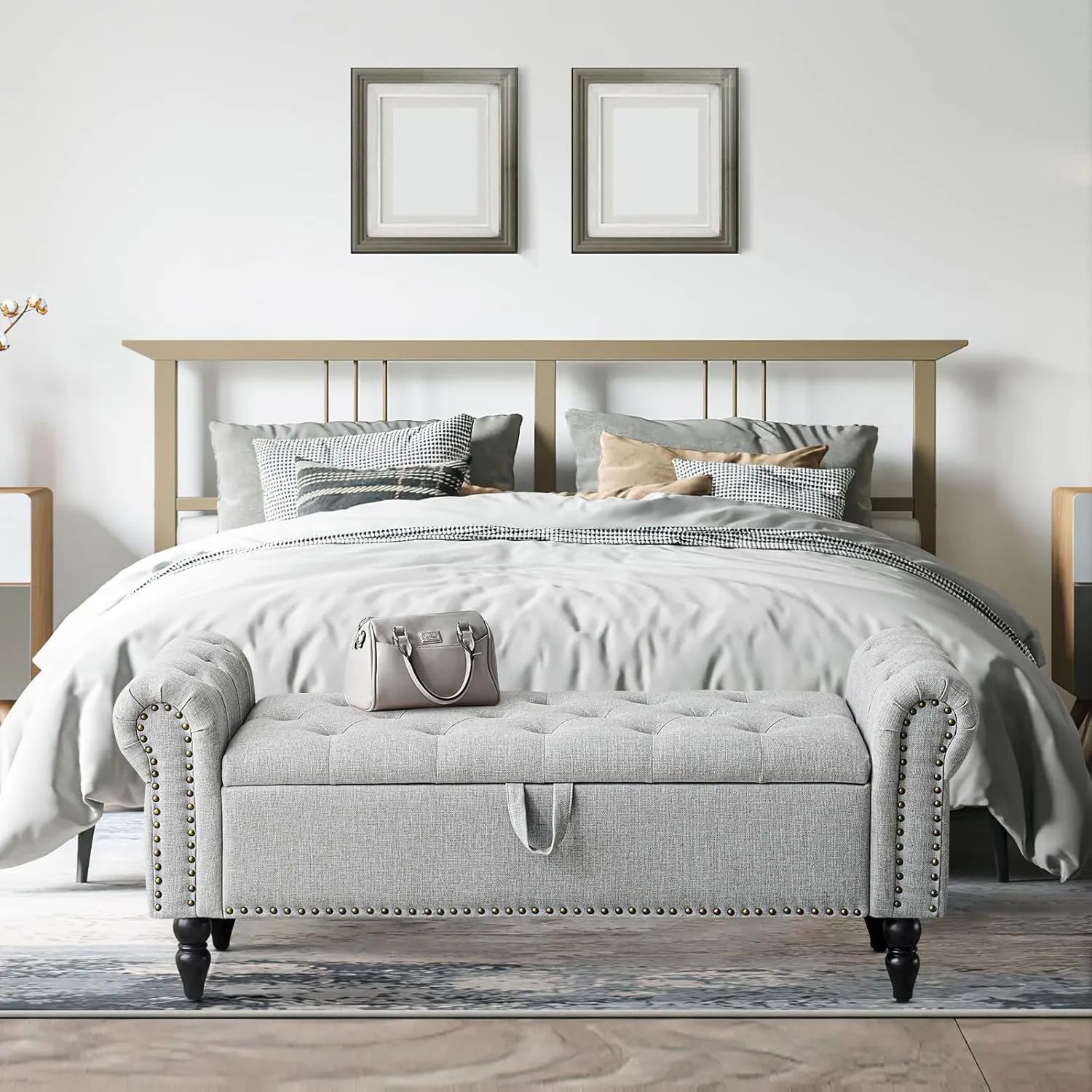 Furniliving 51” Bedroom Bench, End of Bed Bench with Button-Tufted Large Upholstered Storage Bench Ottoman Linen Window Bench with Storage Shoe Cabinet Bench, for Bedroom, Entryway, Closet, Grey