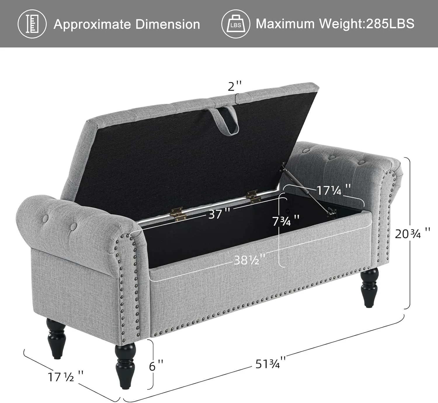 Furniliving 51” Bedroom Bench, End of Bed Bench with Button-Tufted Large Upholstered Storage Bench Ottoman Linen Window Bench with Storage Shoe Cabinet Bench, for Bedroom, Entryway, Closet, Grey