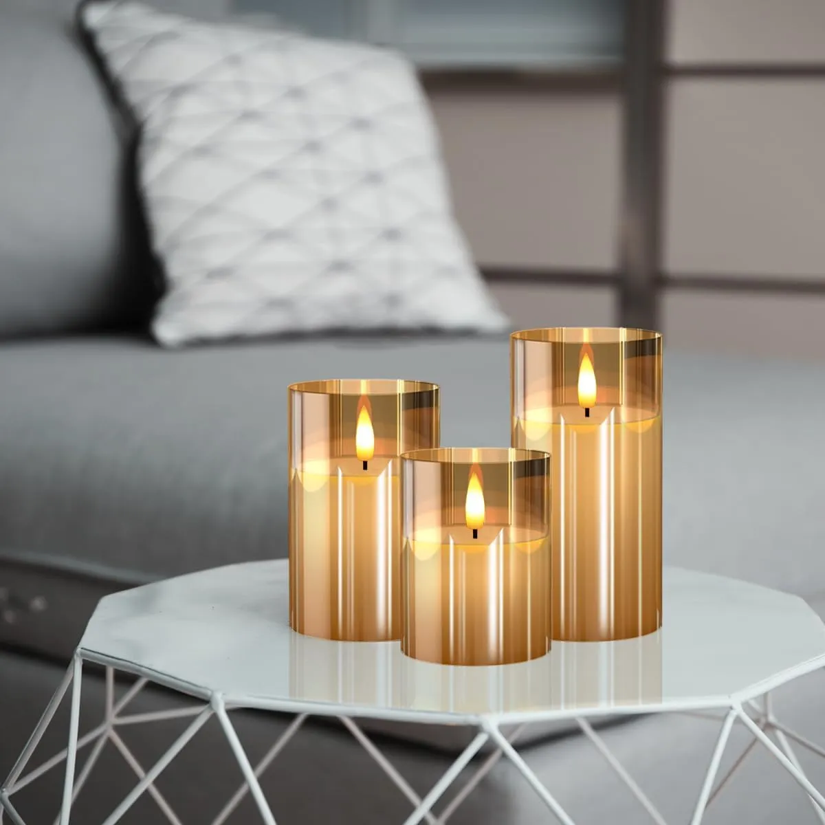 Glass Battery Operated LED Flameless Candles with Remote and Timer, Real Wax Candles Warm Color Flickering Light for Festival Wedding Home Party Decor(Pack of 3)-Gold