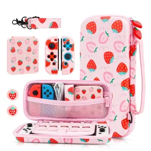 GLDRAM Strawberry Carrying Case for Nintendo Switch & OLED, Pink Accessories Bundle with Portable Switch Travel Bag, 2 TPU Joycon Cover, Cute Switch Card Case, Shoulder Strap & 2 Thumb Caps for Girls