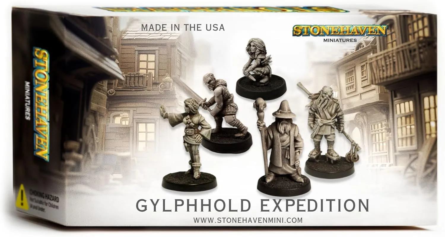 Glyphhold Expedition Miniature -30mm Scale Set of 5 Unique Human Adventurers for DND Pathfinder 30mm Heroic Scale Figures with Sorcerer Fighter Rogue Monk Wizard USA-Made Pewter