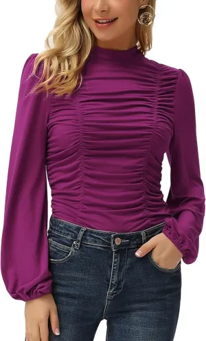 GRACE KARIN Womens Long Lantern Sleeve High-Neck Ruched Front Fitted Blouse