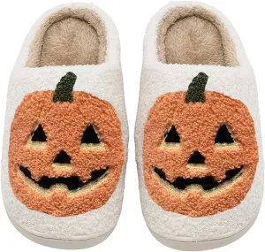 Halloween Pumpkin Slippers for Womens Mens Plush Warm Spooky Lantern Pumpkin Slippers House Shoes