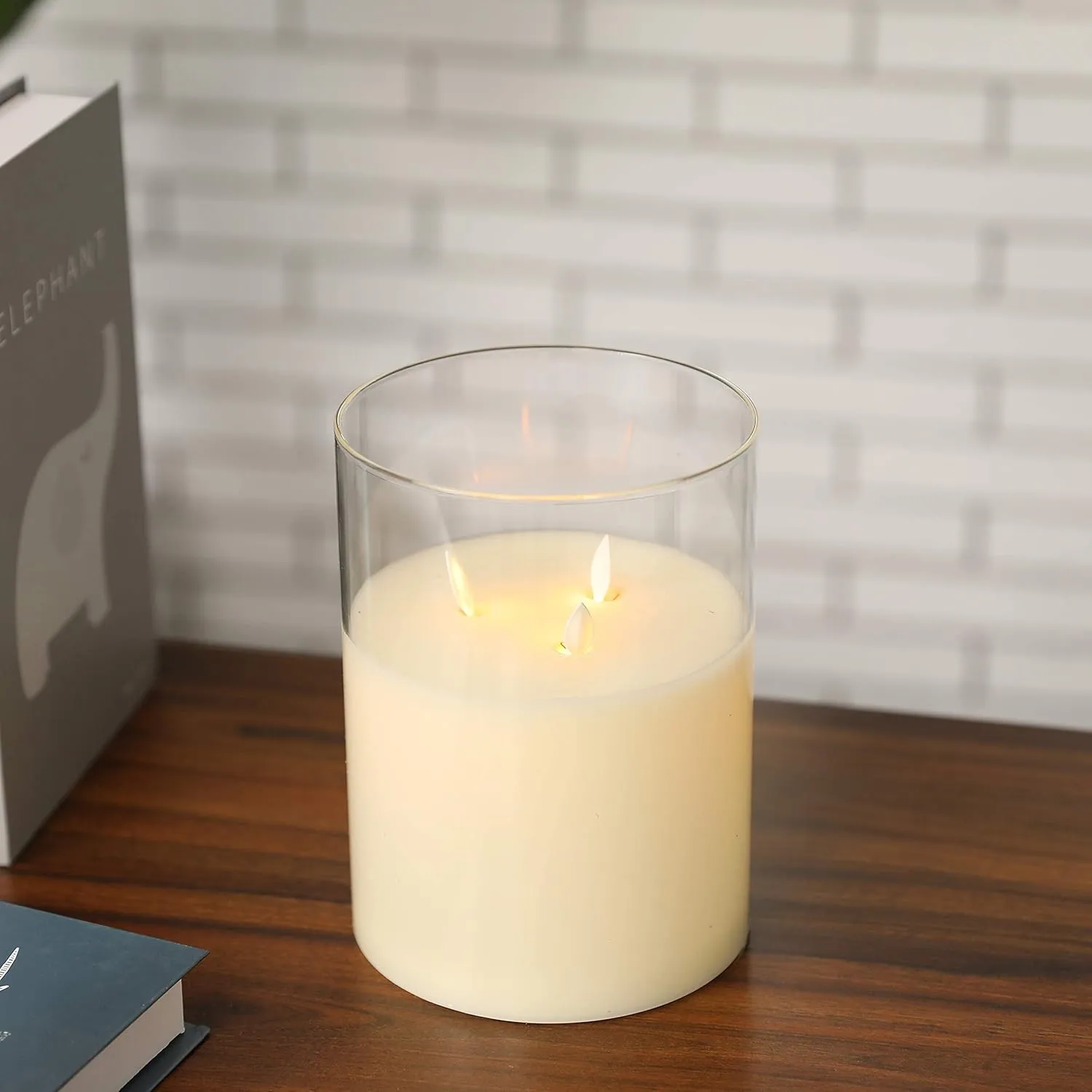 JHY DESIGN 3-Wick Glass Flameless Candles 8''High Battery Operated Dancing Flame Flickering LED Pillar Candles with 6-Hour Timer Feature Real Wax Moving Wick Candle for Home Wedding Party Festival